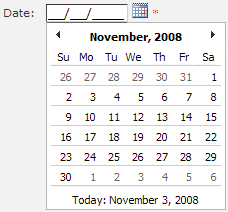 Expanded date picker. Calendar showing current month displays under textfield.