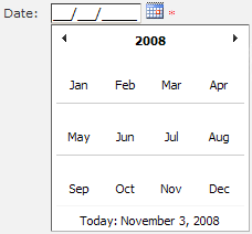 Expanded date picker after clicking on current month heading.  Calendar displays all months within the current year.