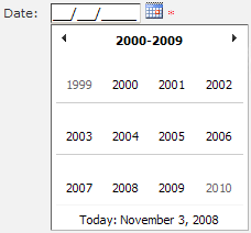 Expanded date picker after clicking on current year heading.  Calendar displays all years within the current decade.